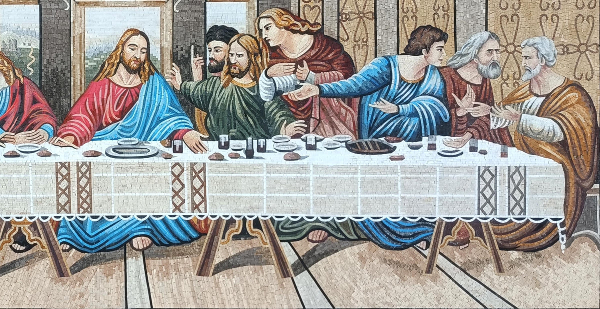 80"x40" Ancient People Having Dinner Mosaic Wall Art -  Historical Dining Scene, Classical Home Decor, Customization available