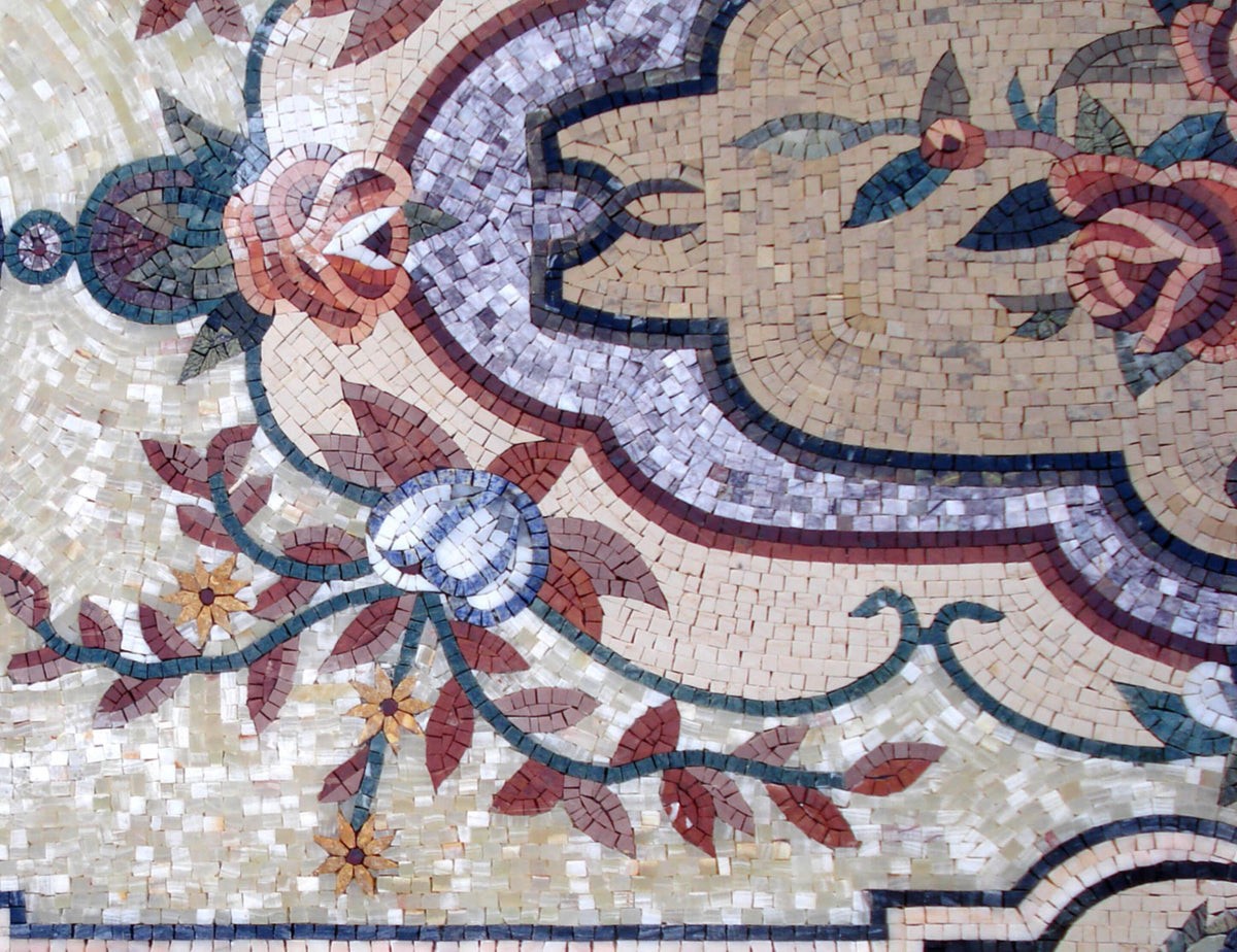 Handmade Marble Mosaic Rug: Floral Medallion Design (96” x 60")