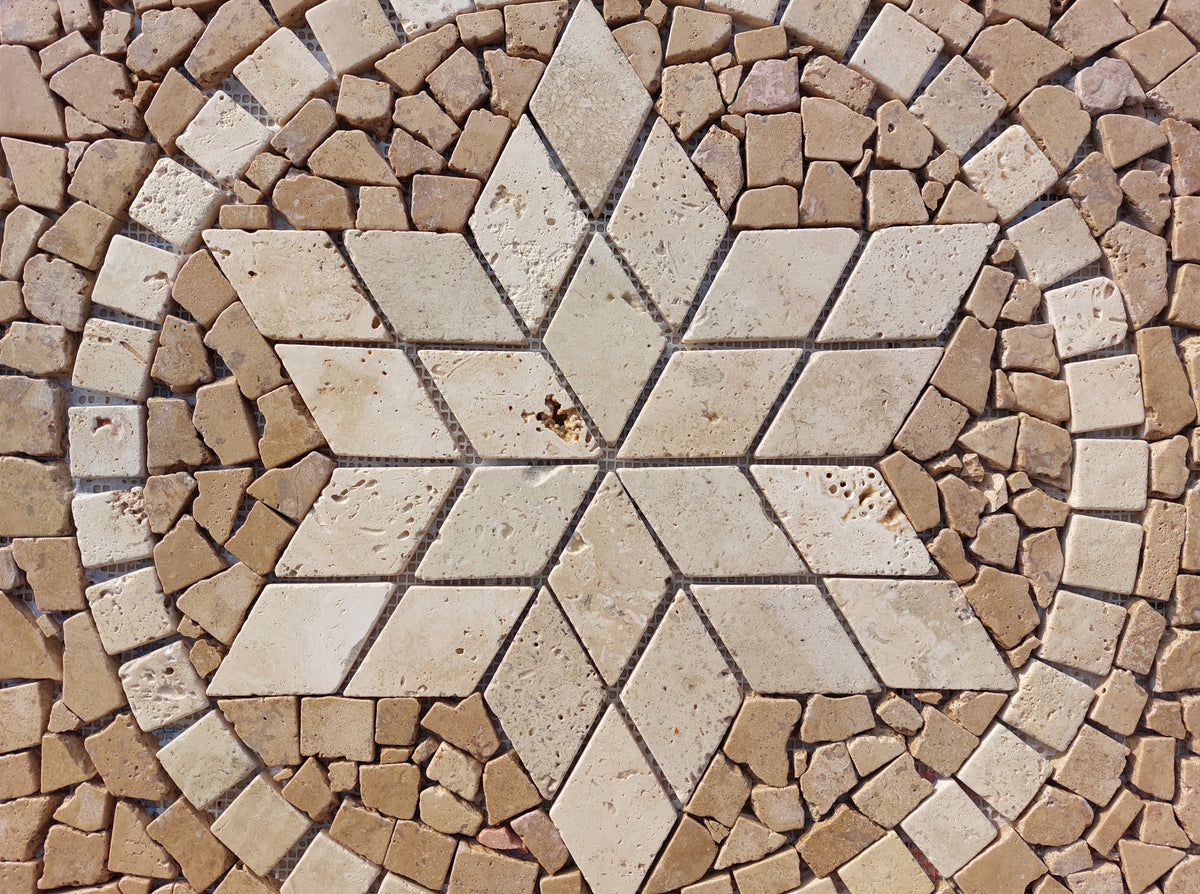 Handmade Travertine Mosaic Art: Brown Star Medallion (24"x24")