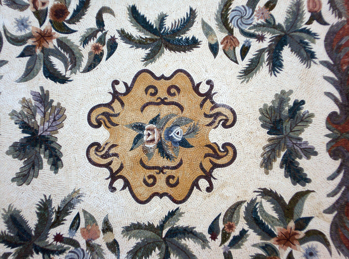 Mosaic Flower Carpet: Handmade Natural Stone Tile Rug (80x80")
