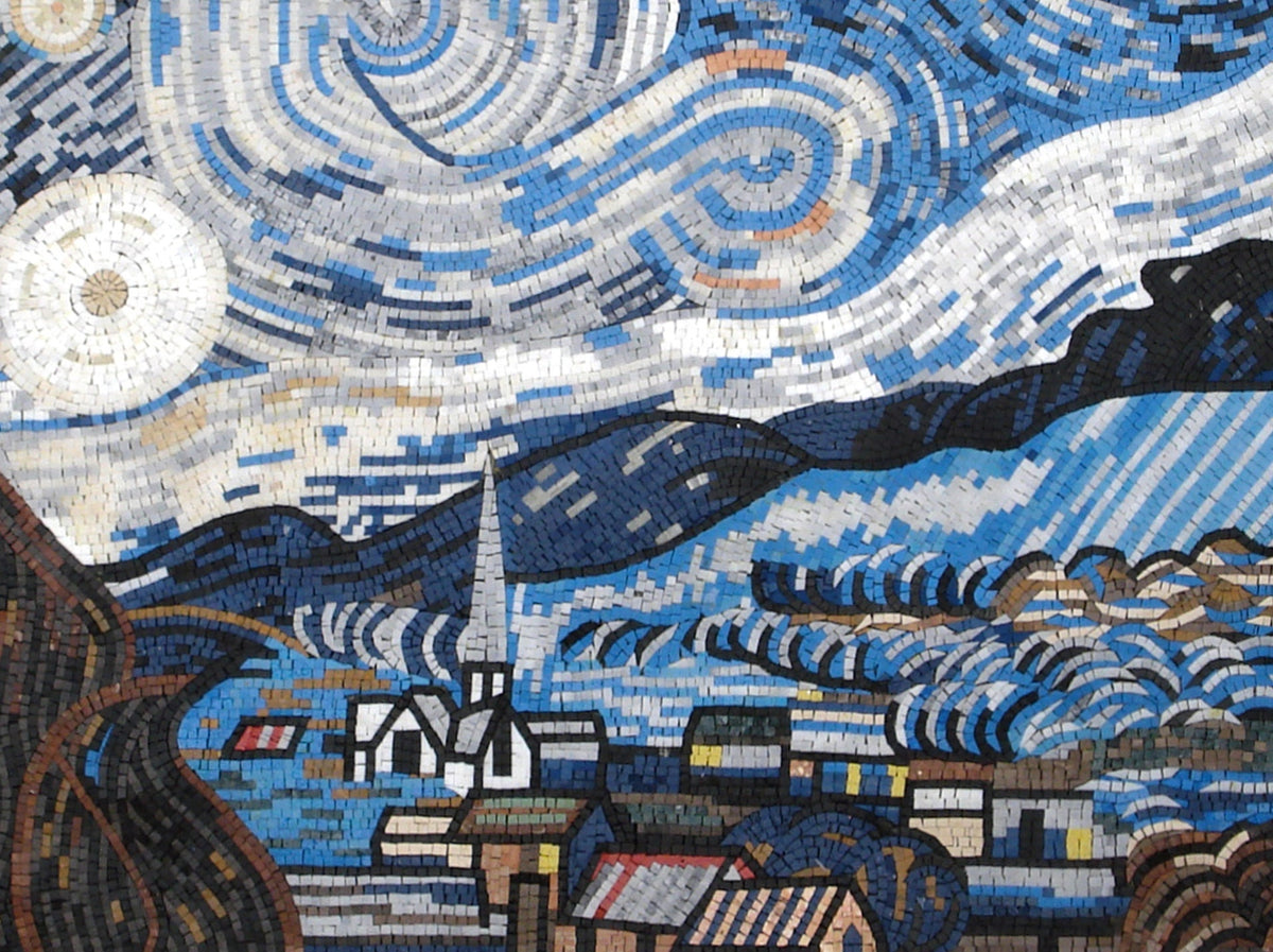 VAN GOGH BACKSPLASH | Stary Night Landscape Medallion Mosaic Art Tiles | Vincent Van Gogh Artwork Mosaic Tiles For House Warming