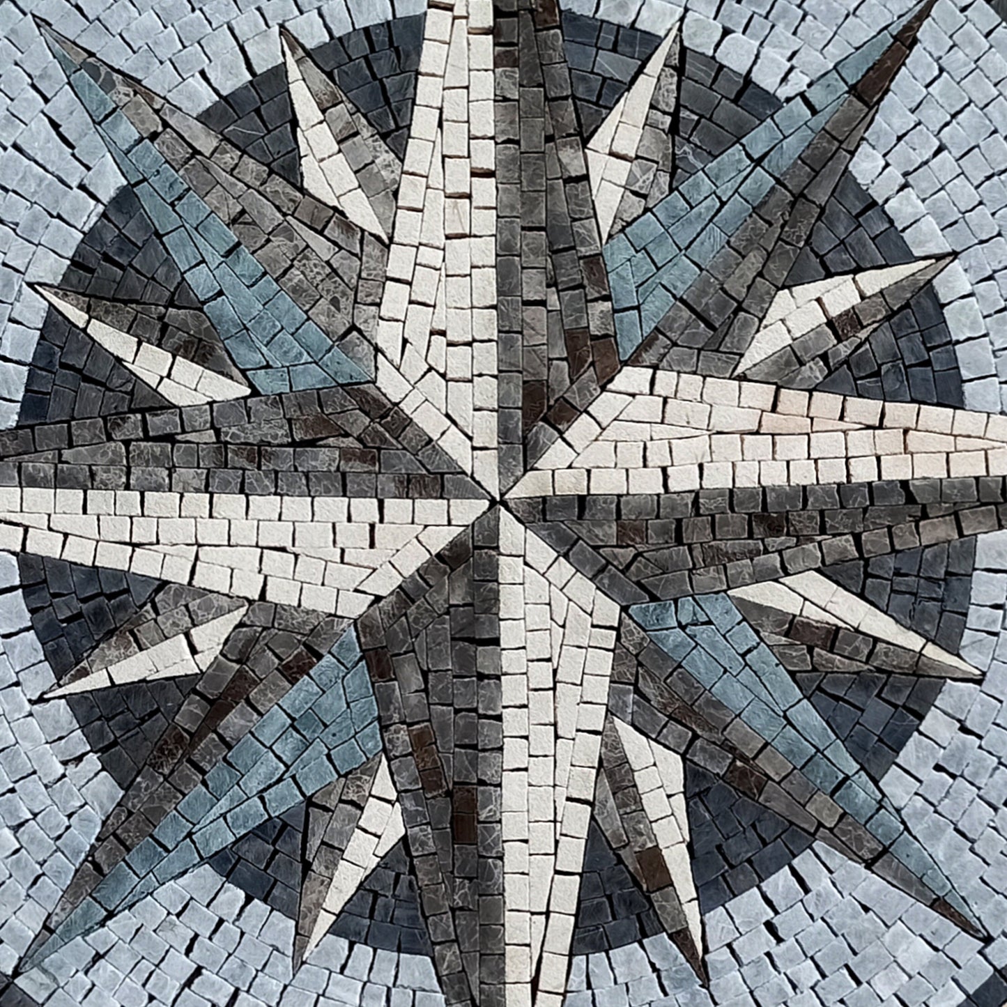 Nautical Compass Rose Mosaic Medallion: Storm Grey Marble, Handmade