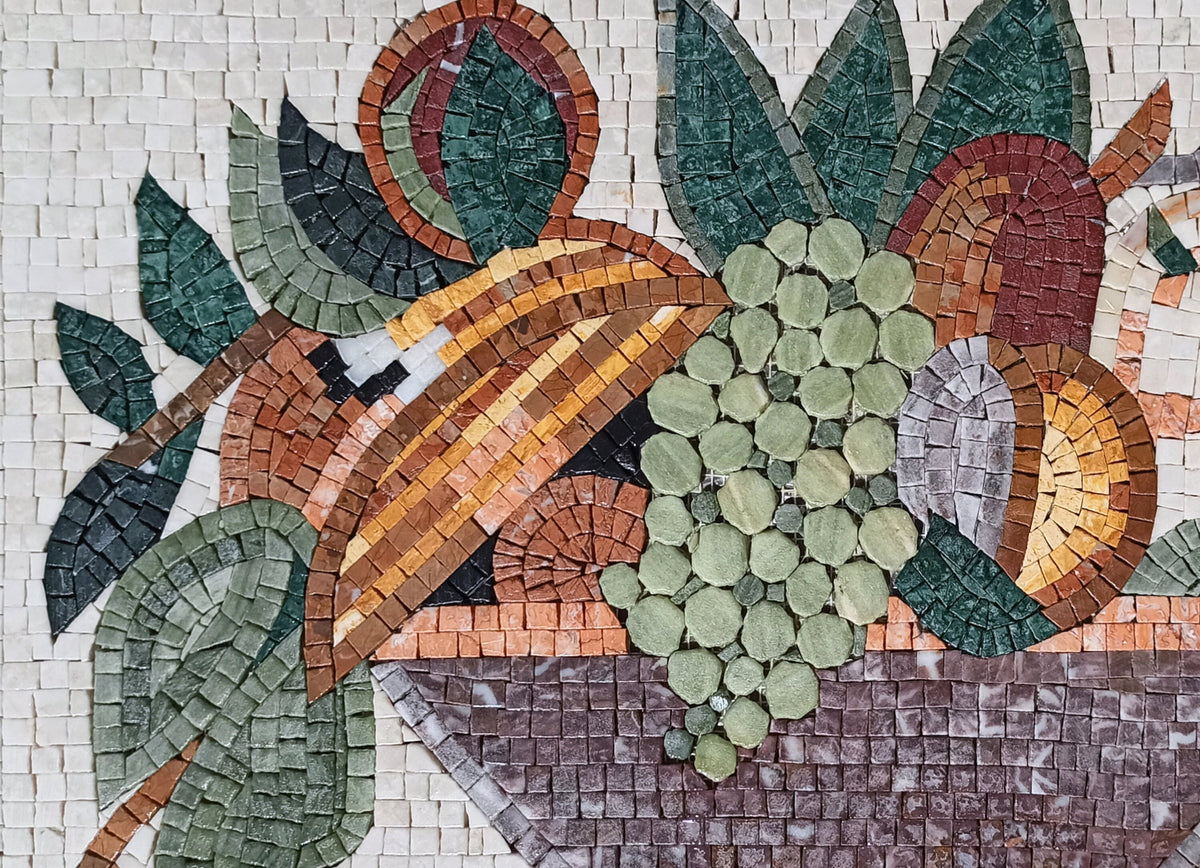MOSAIC KITCHEN BACKSPLASH - Fruit Bowl Still-Life Atop White Background Mosaic Wall Art