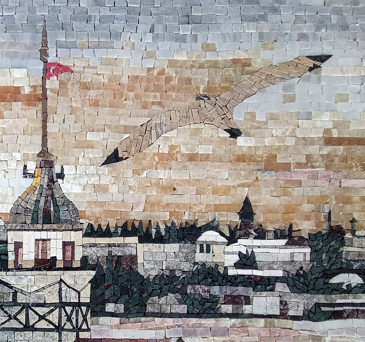 Handmade Turkish Mosaic Tile Art: Mosque & Birds Scenery (32” x 24”)