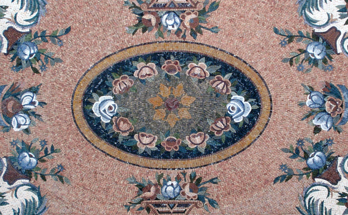 Floral Mosaic Rug: Handmade Natural Stone Carpet