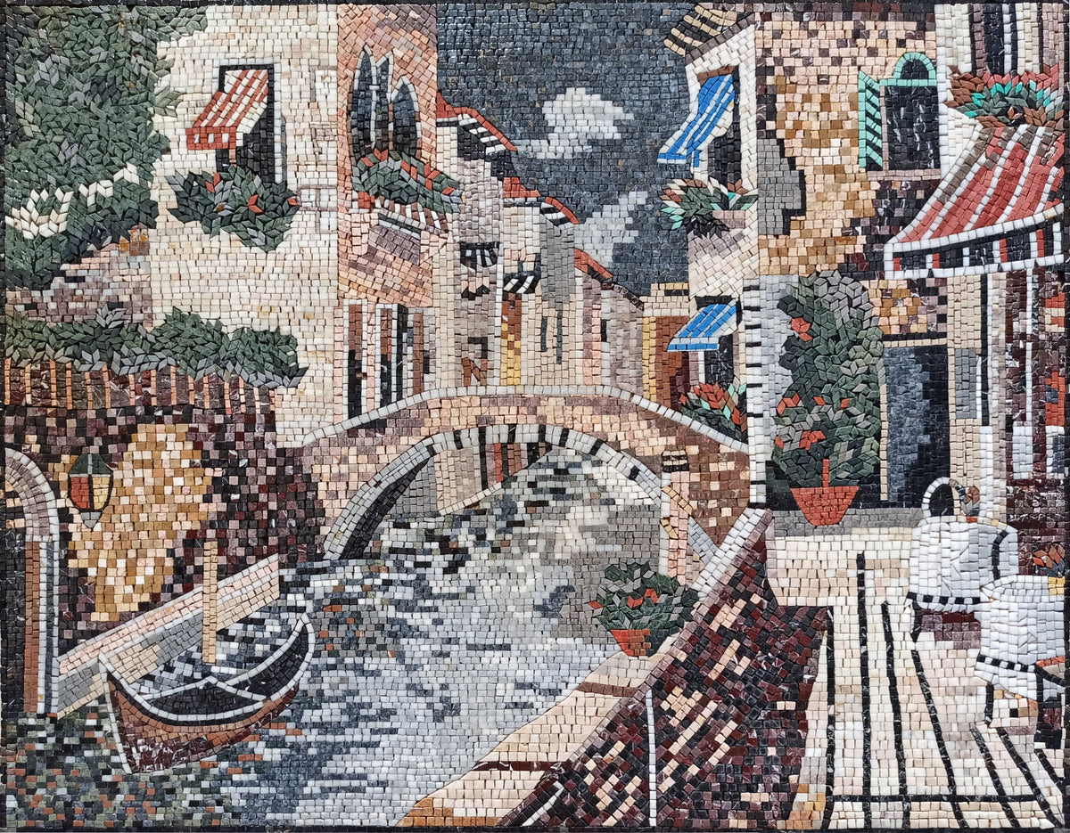 Handmade Venice Mosaic Tile Art: Italian Lake Scene
