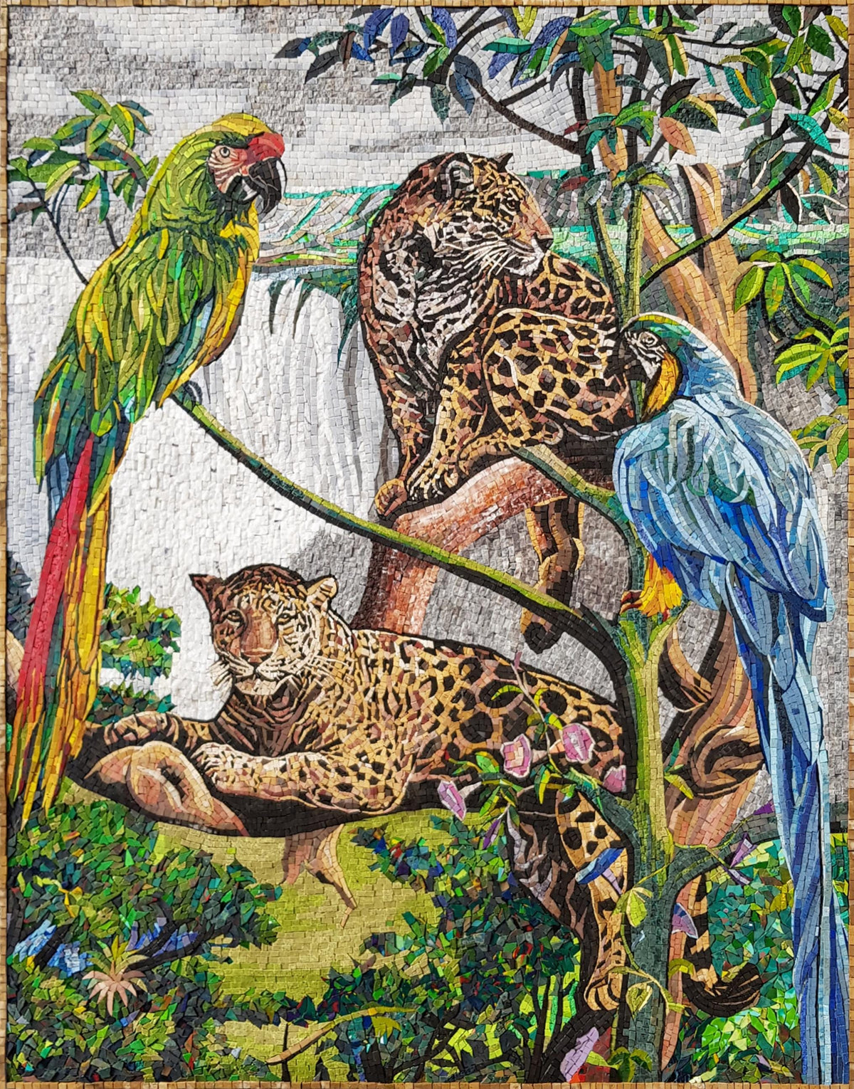 52"x40" Jungle Mosaic Wall Art – Handmade Marble Tile Artwork Featuring Parrots and Tiger, Customization available