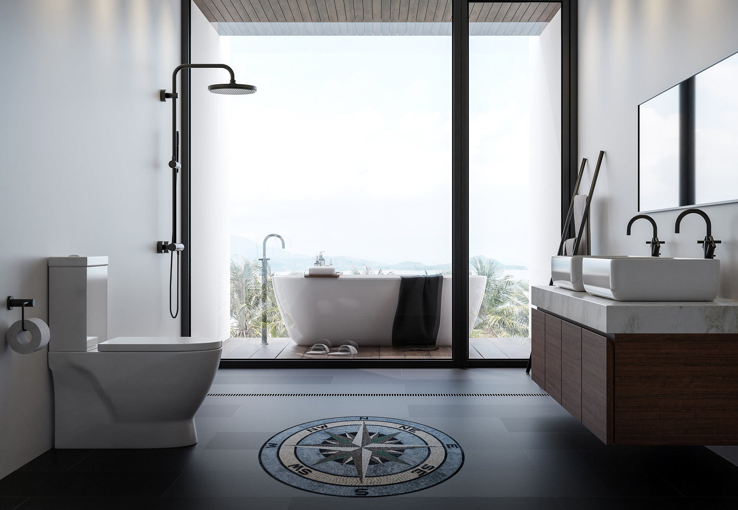 Versatile Nautical Compass Rose Marble Mosaic Medallion Flooring - Customization available