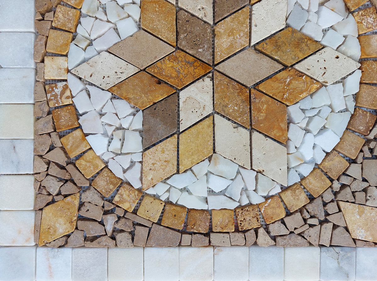 Brown Marble Mosaic Medallion: Handcrafted Stone Art Tile (24x24)