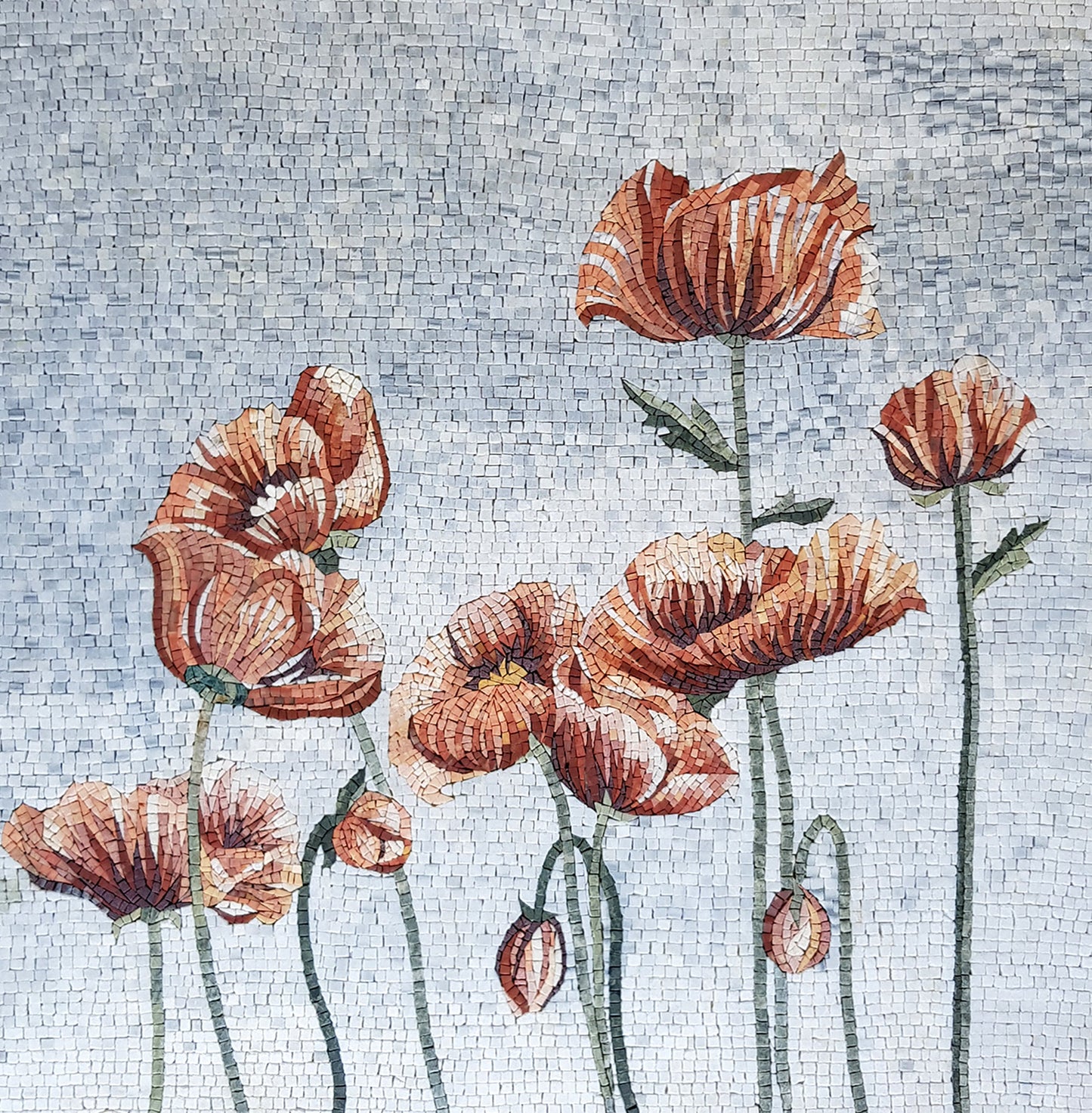 Pink Peonies in a Field with Border Marble Mosaic Artwork