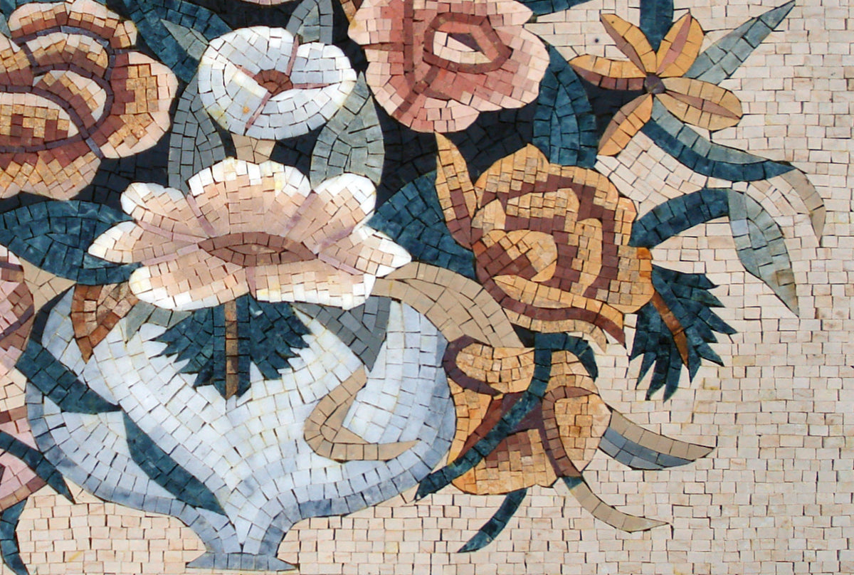 Handmade Marble Mosaic: Floral Bouquet in Vase Wall Art (36"x24")