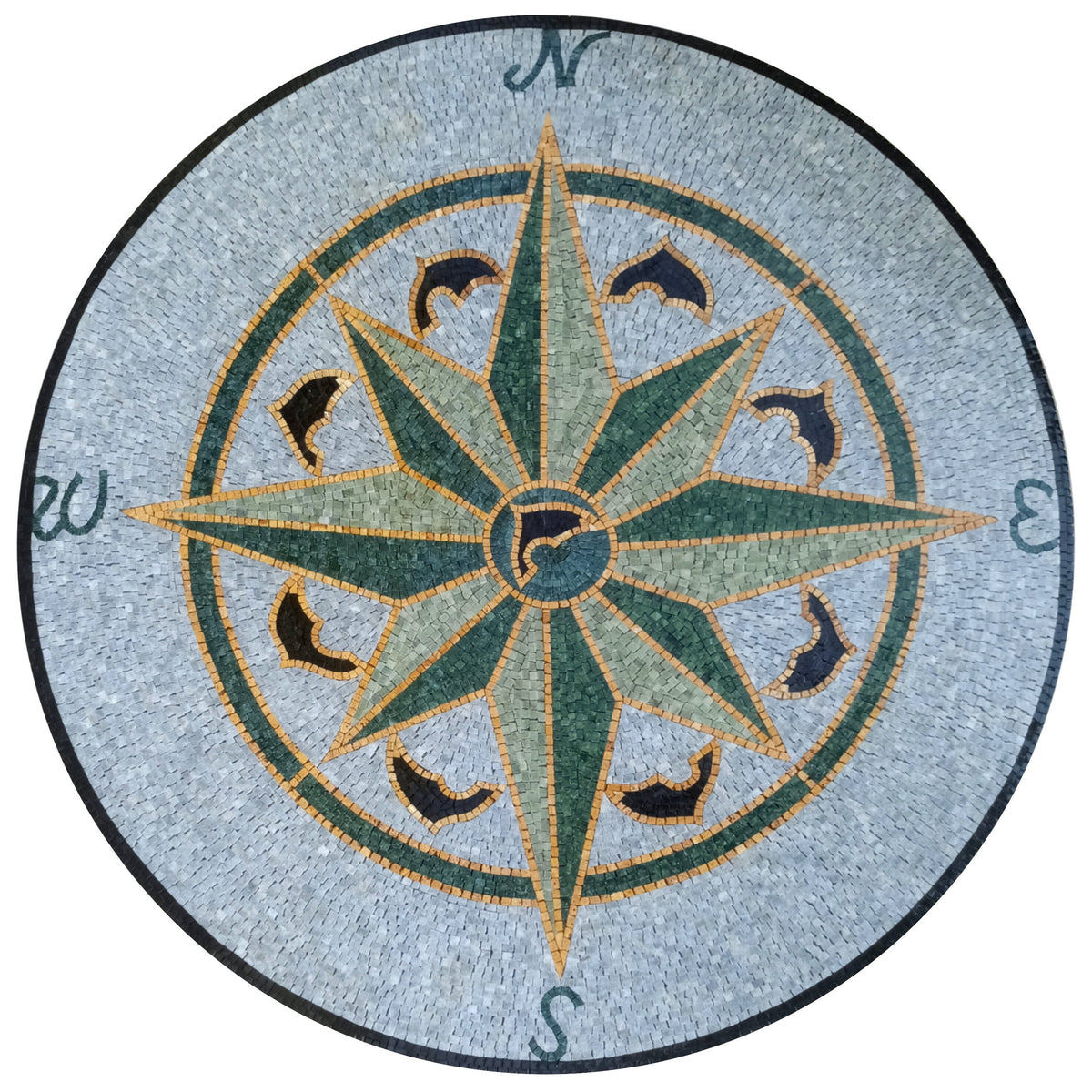 Aquatic Elegance -  Mosaic Design - Emerald Compass Rose with Dolphins Mosaic Medallion - Customization available