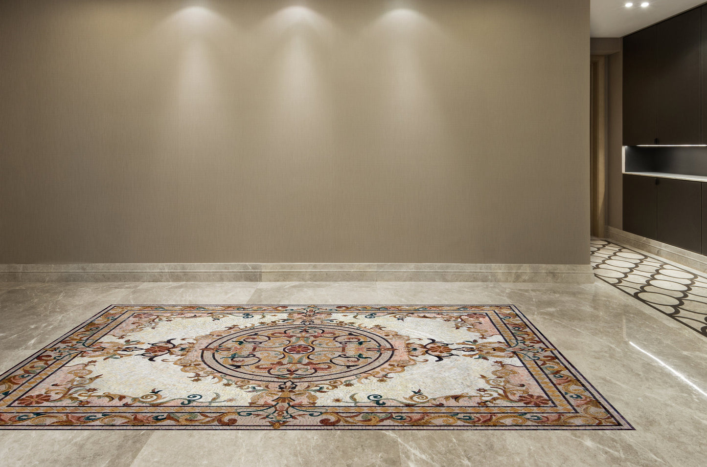 Handmade Marble Mosaic Rug: Floral Medallion, Stone Tile (80” x 60")