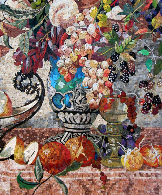 48"x40" Flower and Fruit on Table Mosaic Wall Art – Still Life Scene, Elegant Home Decor, Customization available
