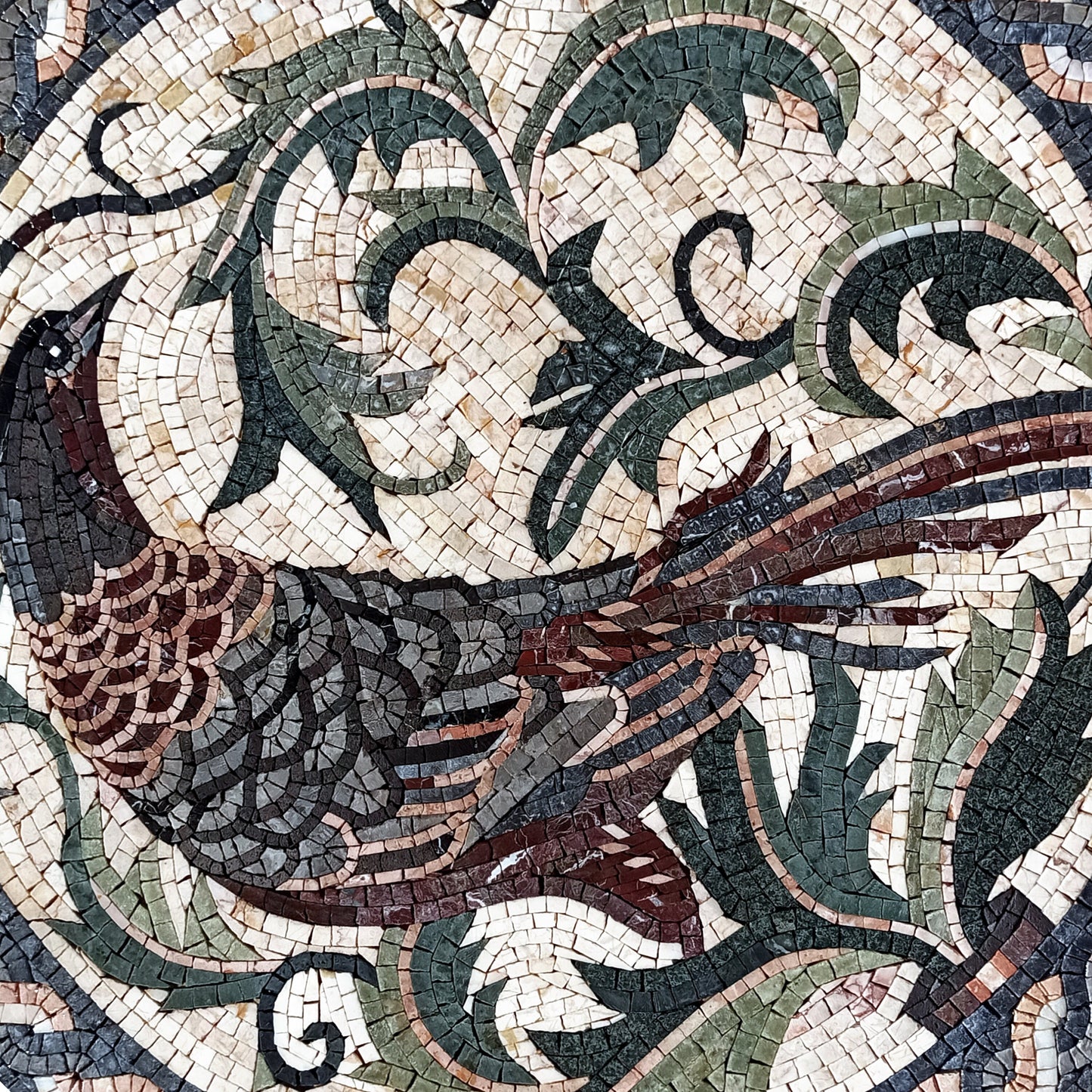 Handmade Marble Mosaic Tile Art: Pheasant & Leaf Medallion (32")
