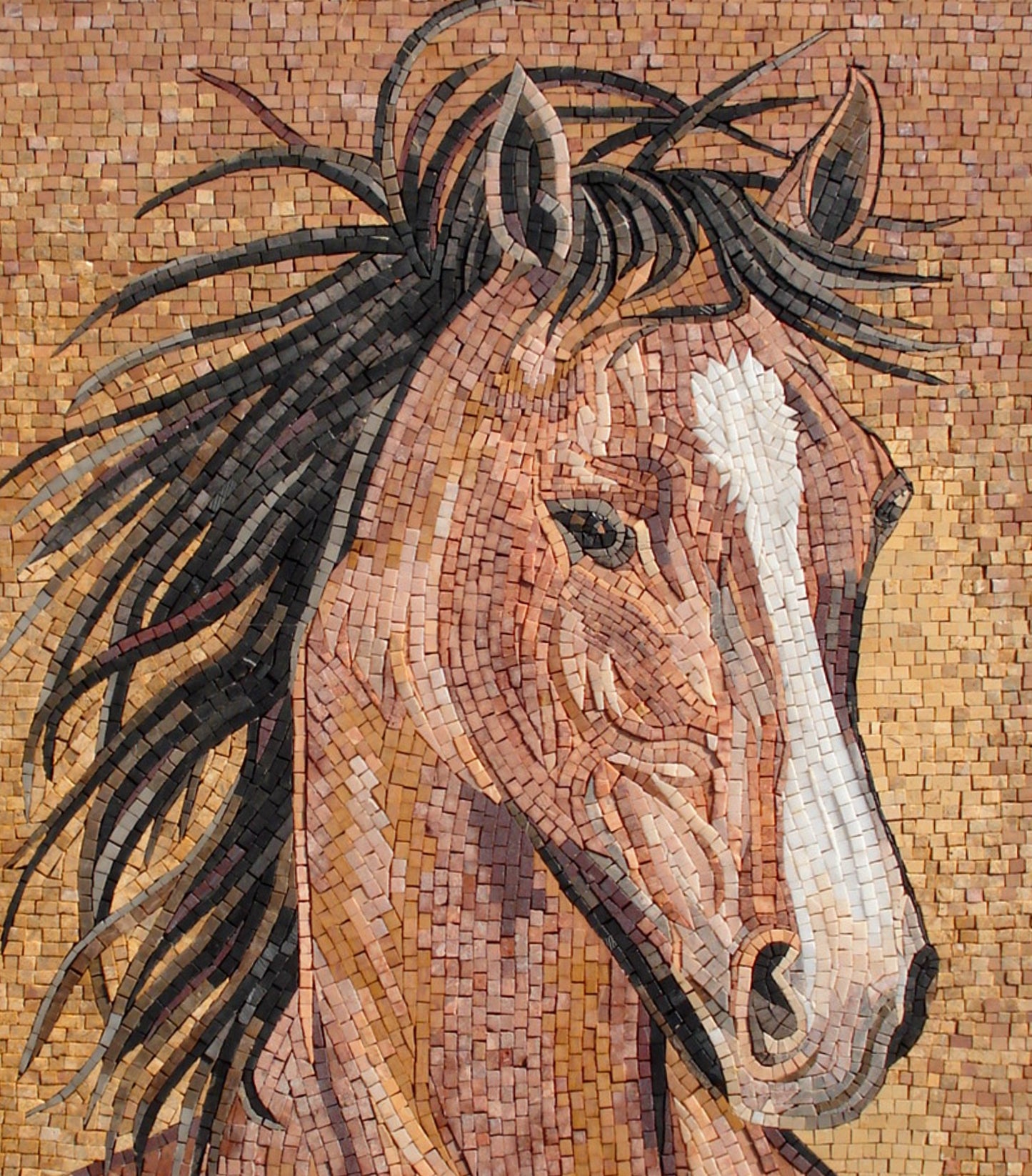 Handmade Horse Mosaic Mural: Brown Marble Stone Artwork