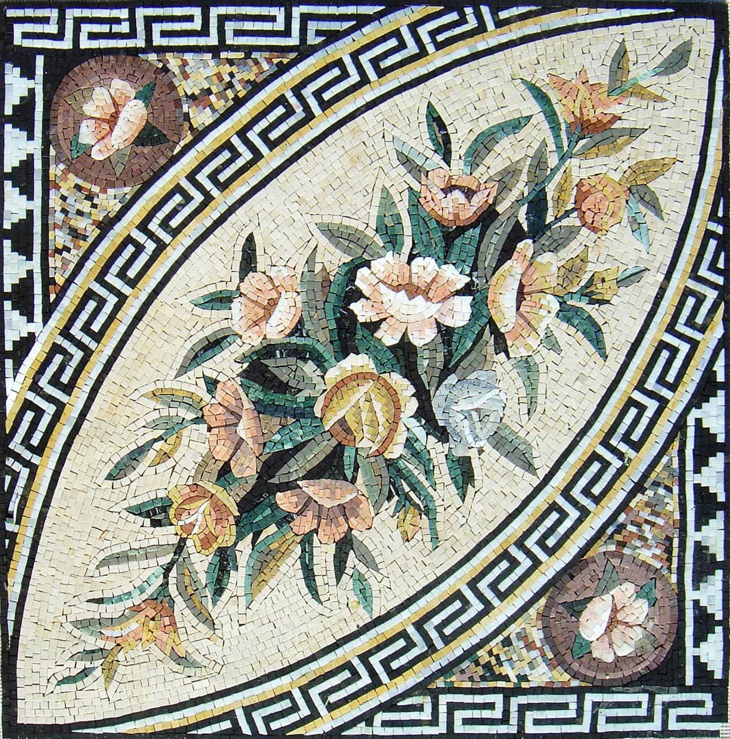 Handmade Marble Mosaic Tile Art: 40" Flowers & Vine Decor