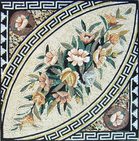 Handmade Marble Mosaic Tile Art: 40" Flowers & Vine Decor