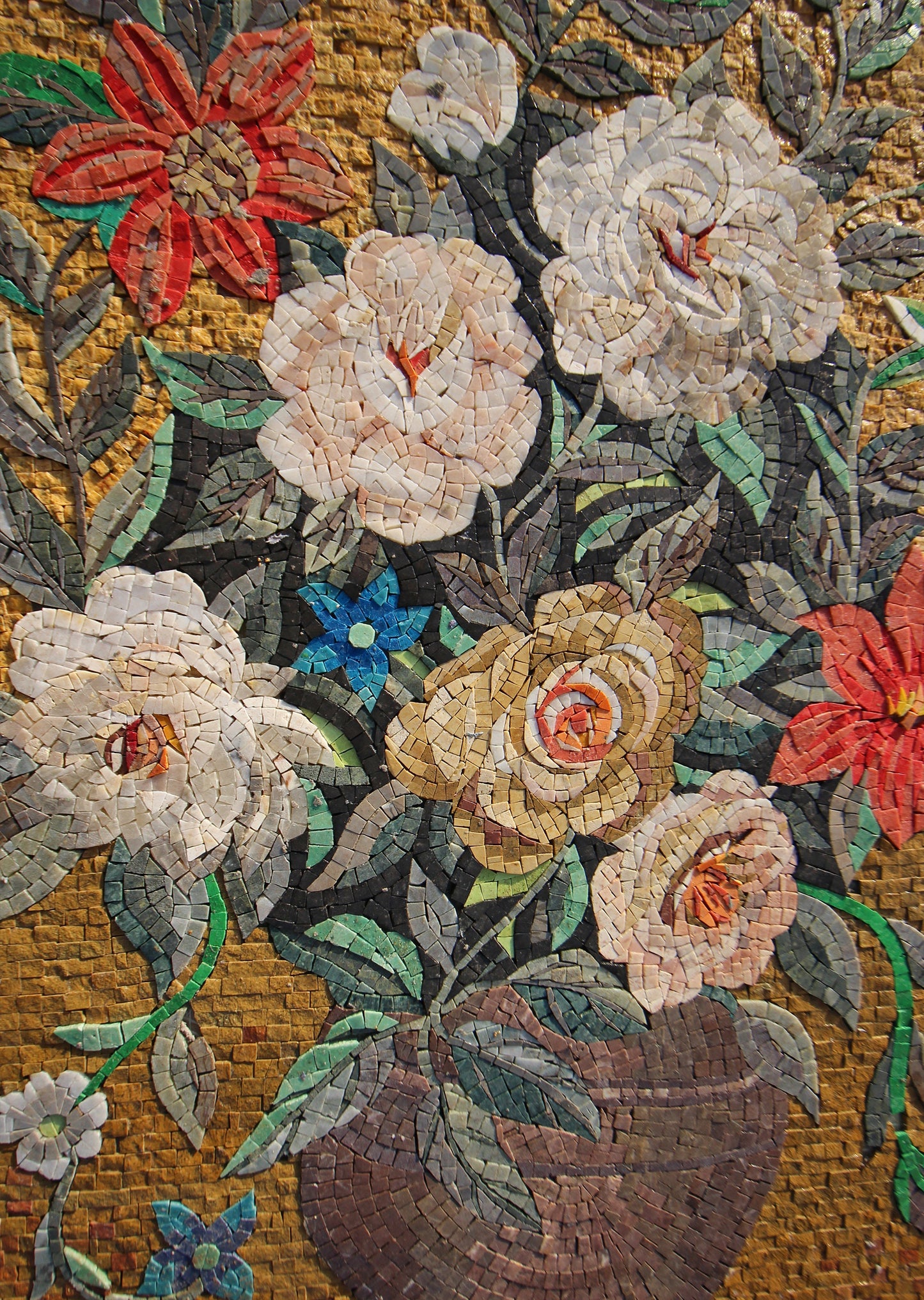 Handmade Floral Mosaic Mural: Blooming Flowers in Ceramic Vase