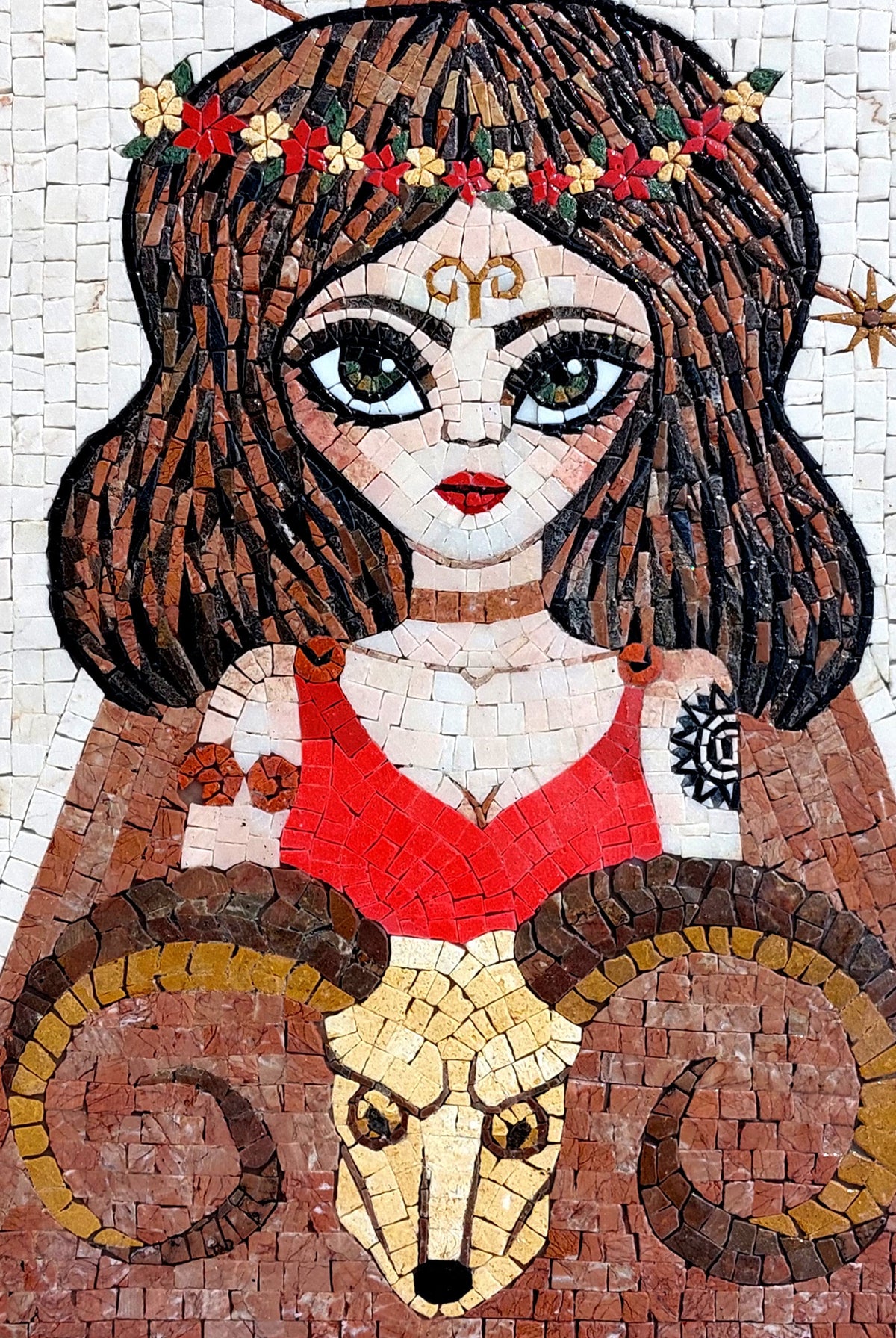 Aries Zodiac Mosaic Tile Art: Handmade Marble Wall Decor