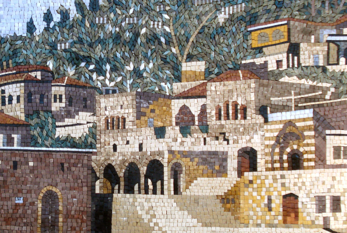 Handmade Marble Mosaic Tile: Middle Eastern Old City Landscape