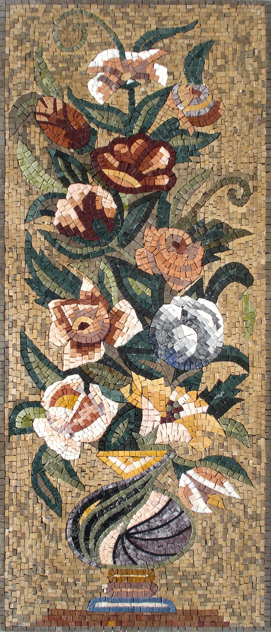 Handmade Marble Mosaic: Floral Bouquet in Vase, 40" Wall Art