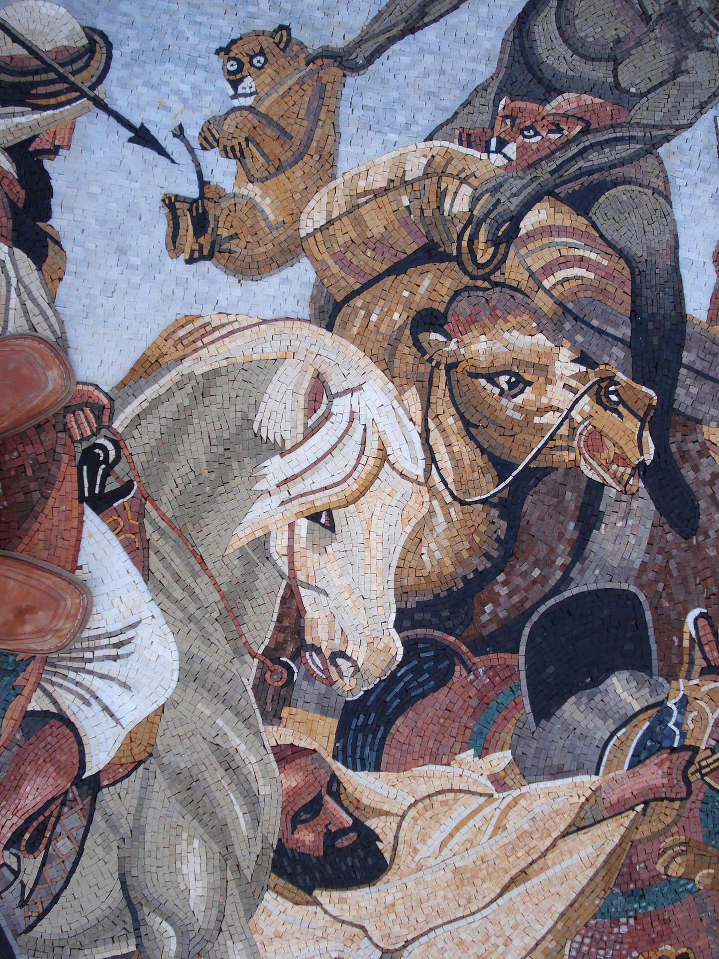 Lion Hunt Mosaic Mural: Horace Vernet Reproduction, Handmade Stone Tile Art