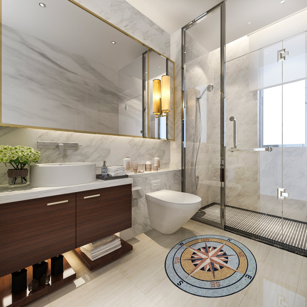 Regal Radiance - Handmade Gold and Rose Compass Mosaic Medallion Tile Art Ideas - Customization available