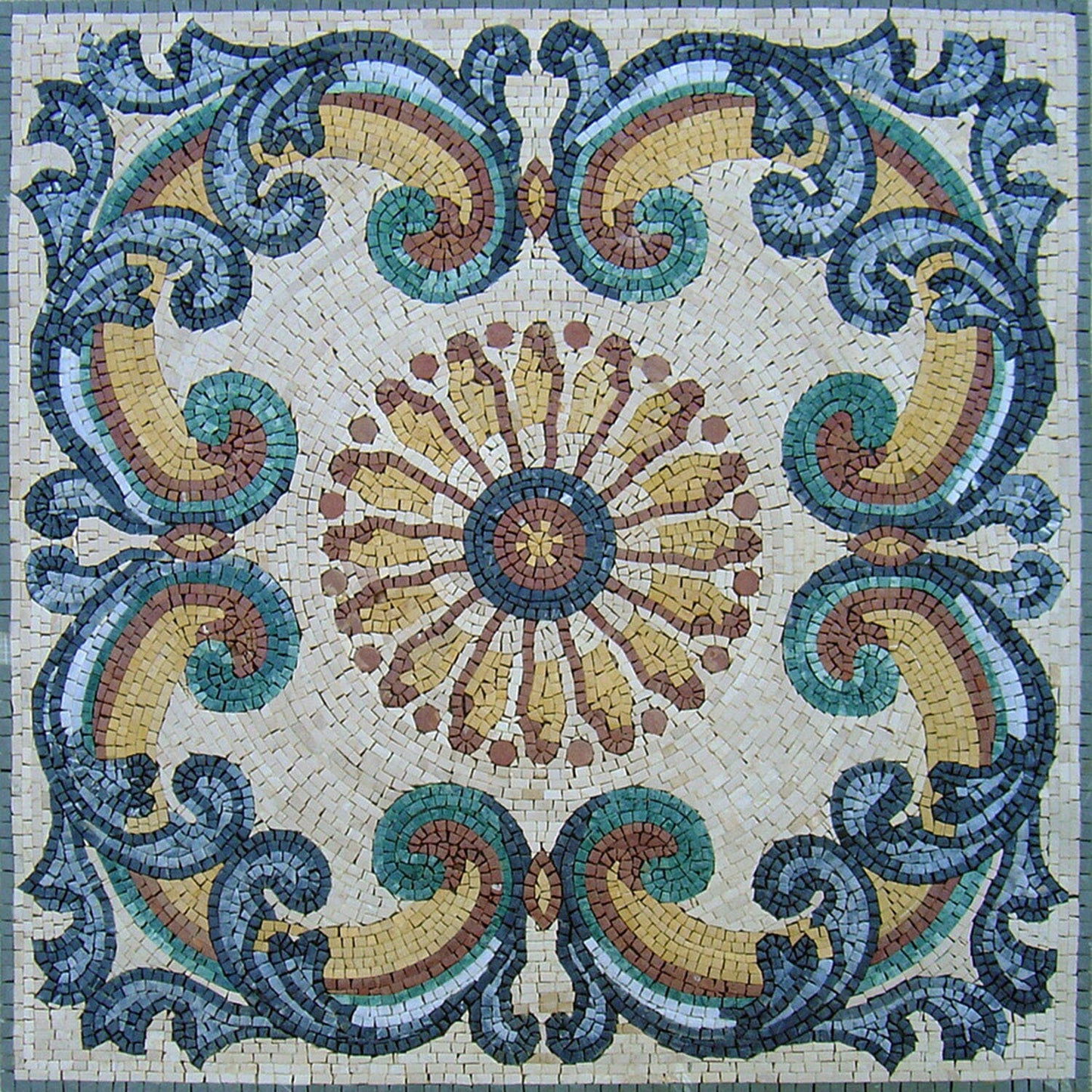 40" Floral Marble Mosaic Tile: Handcrafted Medallion
