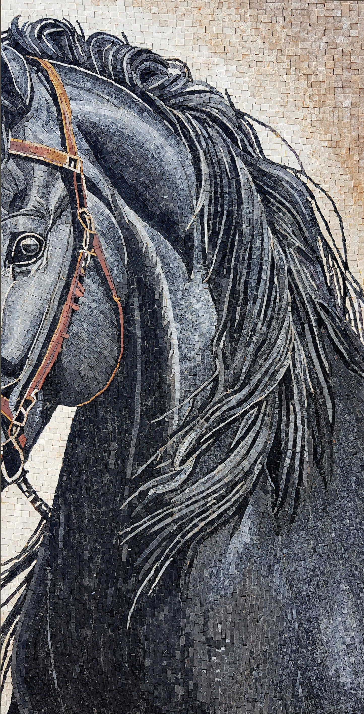 Black Horse Mosaic Tile Art: Marble Animal Wall Decor (44” x 36”)
