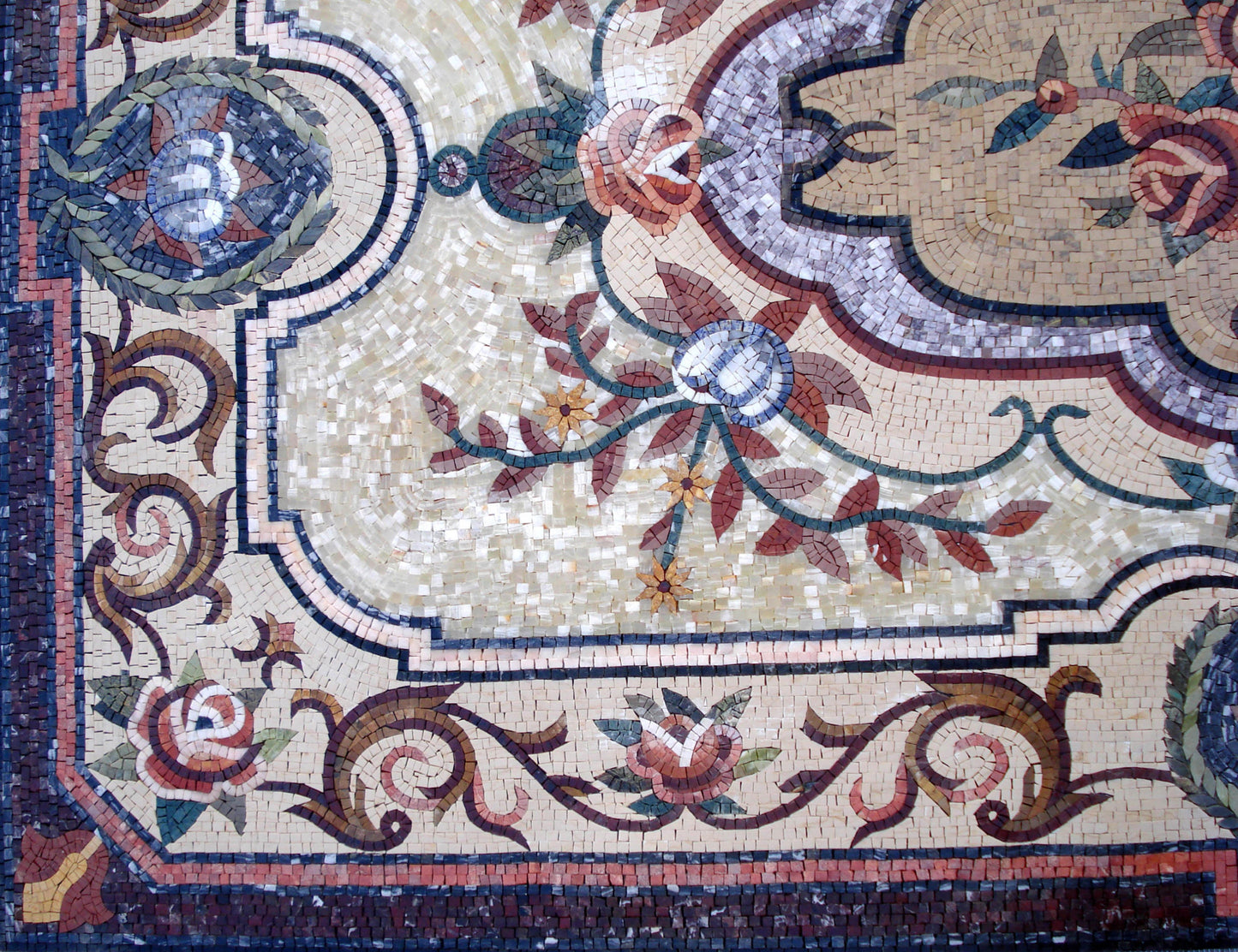 Handmade Marble Mosaic Rug: Floral Medallion Design (96” x 60")