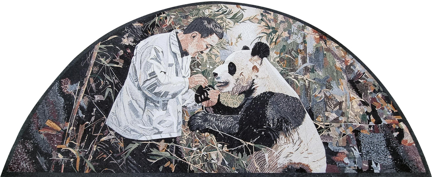 120"x50" Men with Panda Mosaic Wall Art – Nature-Inspired Home Decor, Customization Available