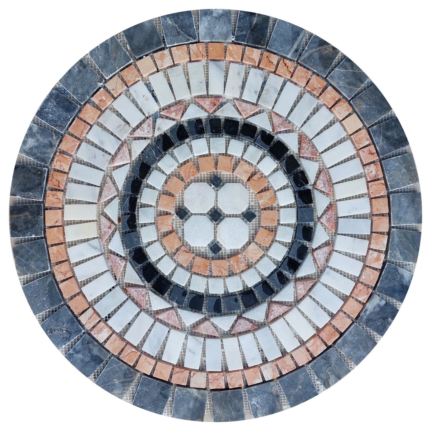 Travertine Mosaic Medallion: Blue Border Handmade Stone Art