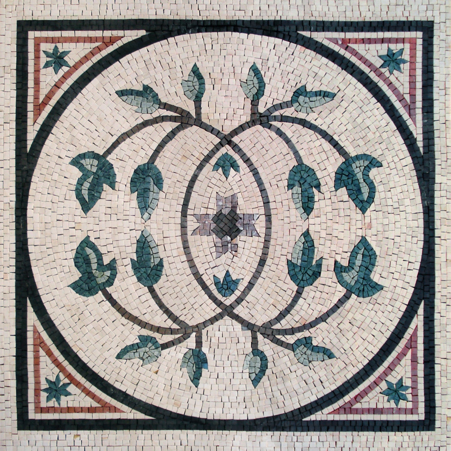 32” Handmade Marble Mosaic Tile: Geometric Botanical Medallion