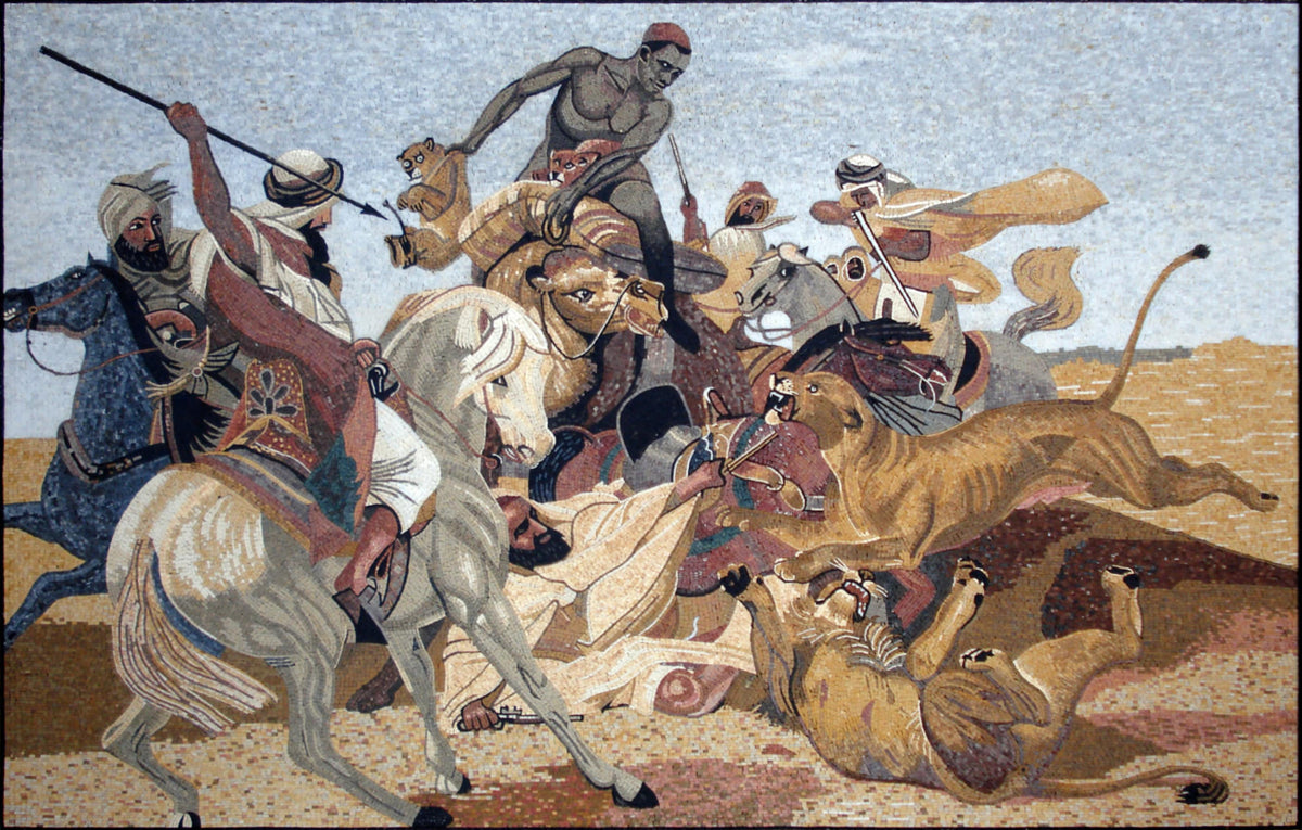 Lion Hunt Mosaic Mural: Horace Vernet Reproduction, Handmade Stone Tile Art