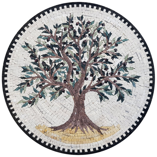 Olive Tree Backsplash Marble Mosaic Medallion Tiles. Customization. Handcrafted Roman Mosaics