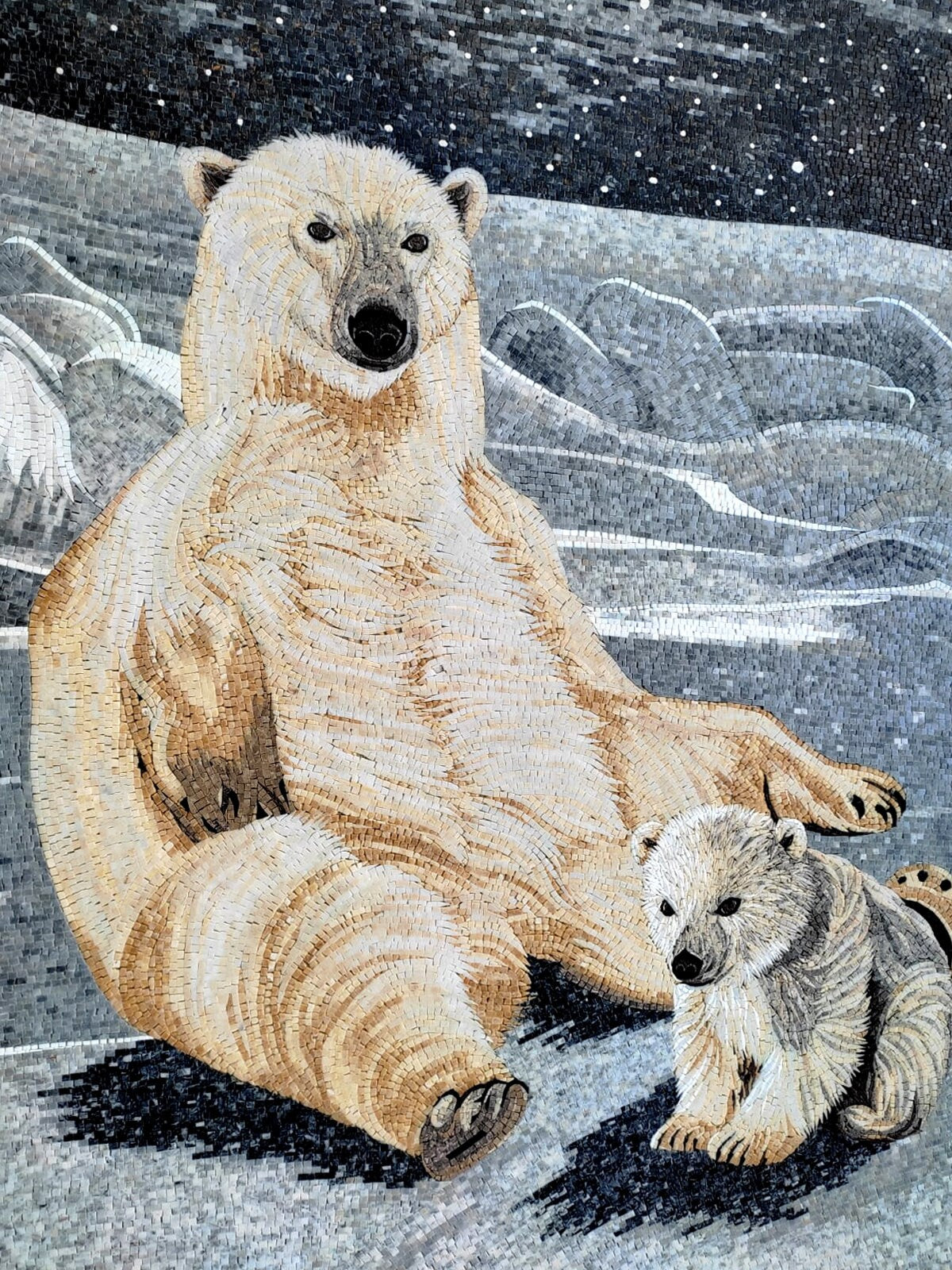 Handmade Polar Bear with Cub Marble Mosaic Tile Art
