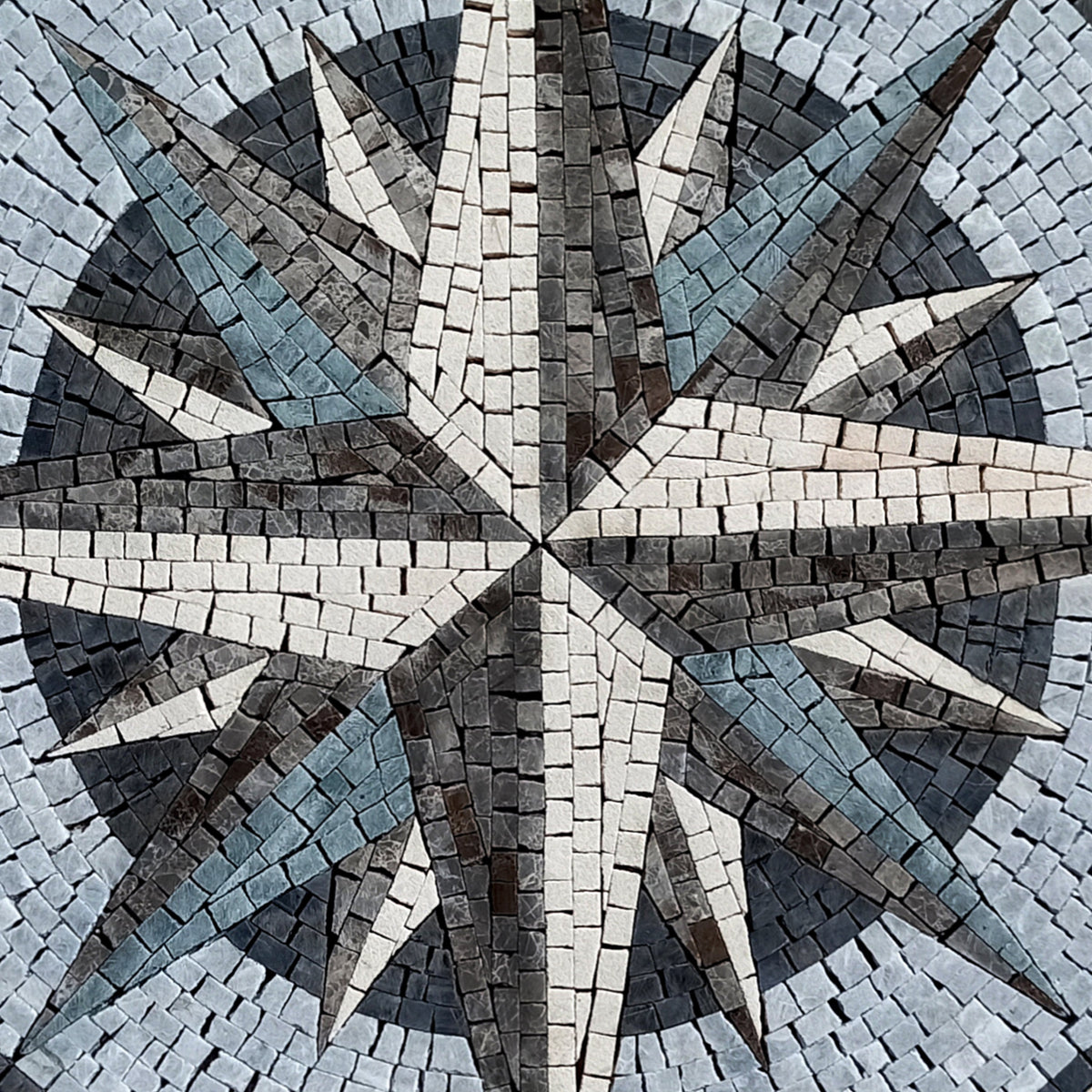 Storm Grey Compass Rose Mosaic Medallion - Handmade Marble Design