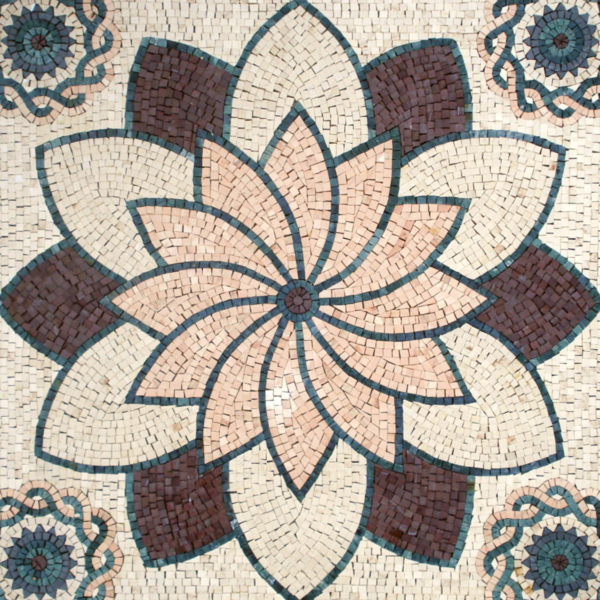 Handmade Floral Marble Mosaic Tile: Geometric Flower Art (36”x36")