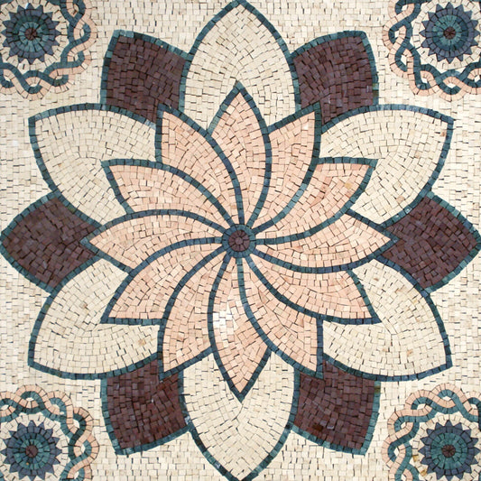 Handmade Floral Marble Mosaic Tile: Geometric Flower Art (36”x36")