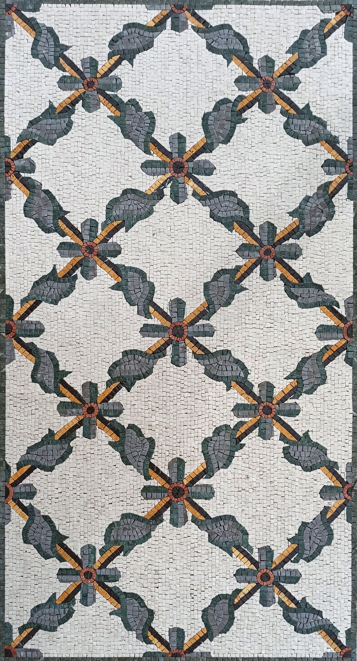 Floral Marble Mosaic Rug: Handmade Stone Tile Carpet (64” x 32")