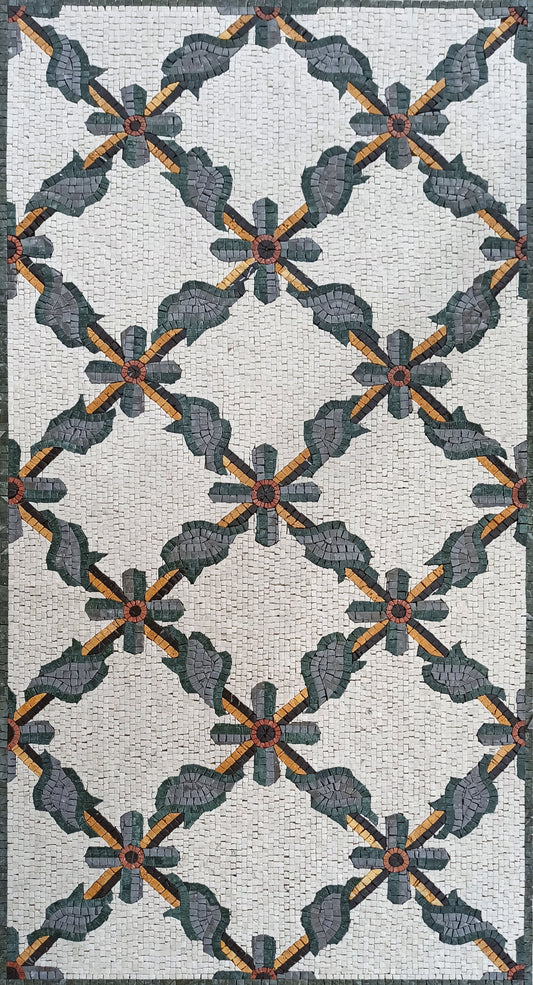 Floral Marble Mosaic Rug: Handmade Stone Tile Carpet (64” x 32")