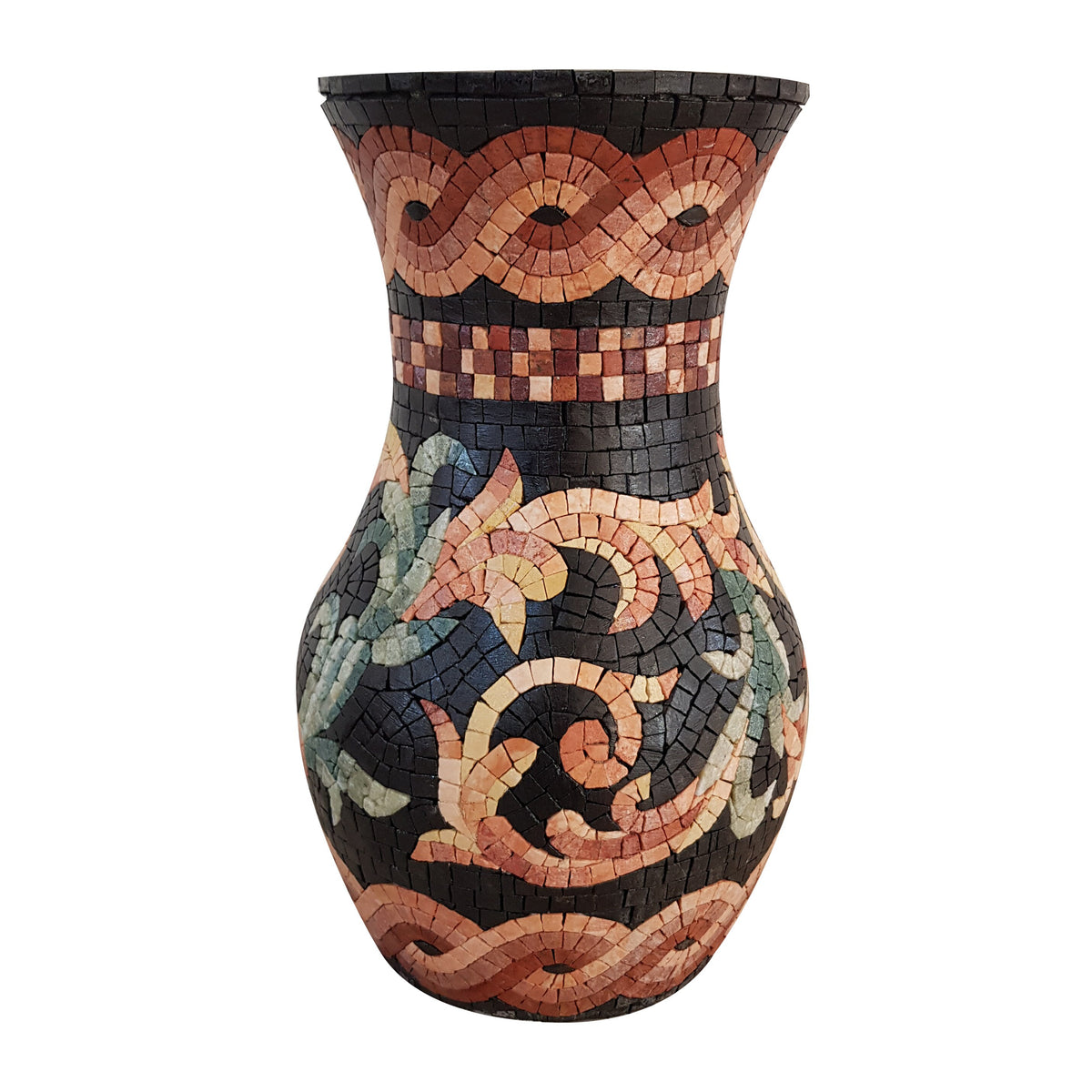 Handmade Black Mosaic Vase: Round Marble Stone Art, 16"