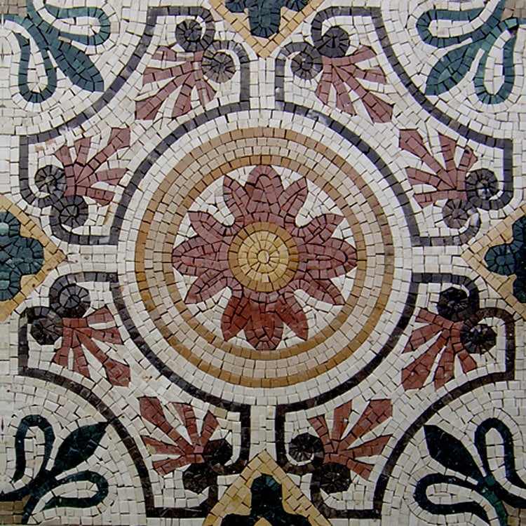 40" Medallion Marble Mosaic Tile: Geometric Floral Mural
