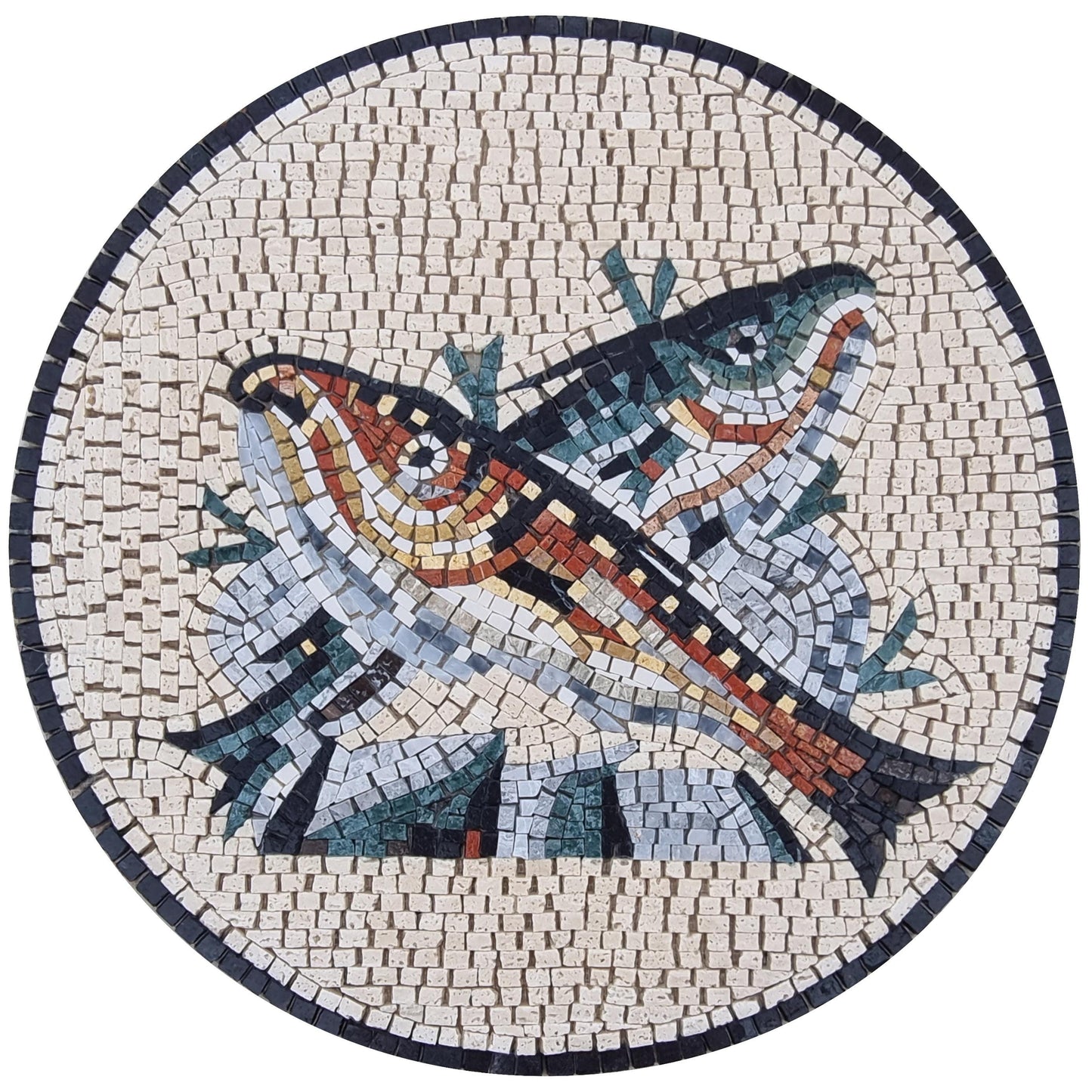 Handmade Marble Mosaic Medallion: 20" Fish Tile Art