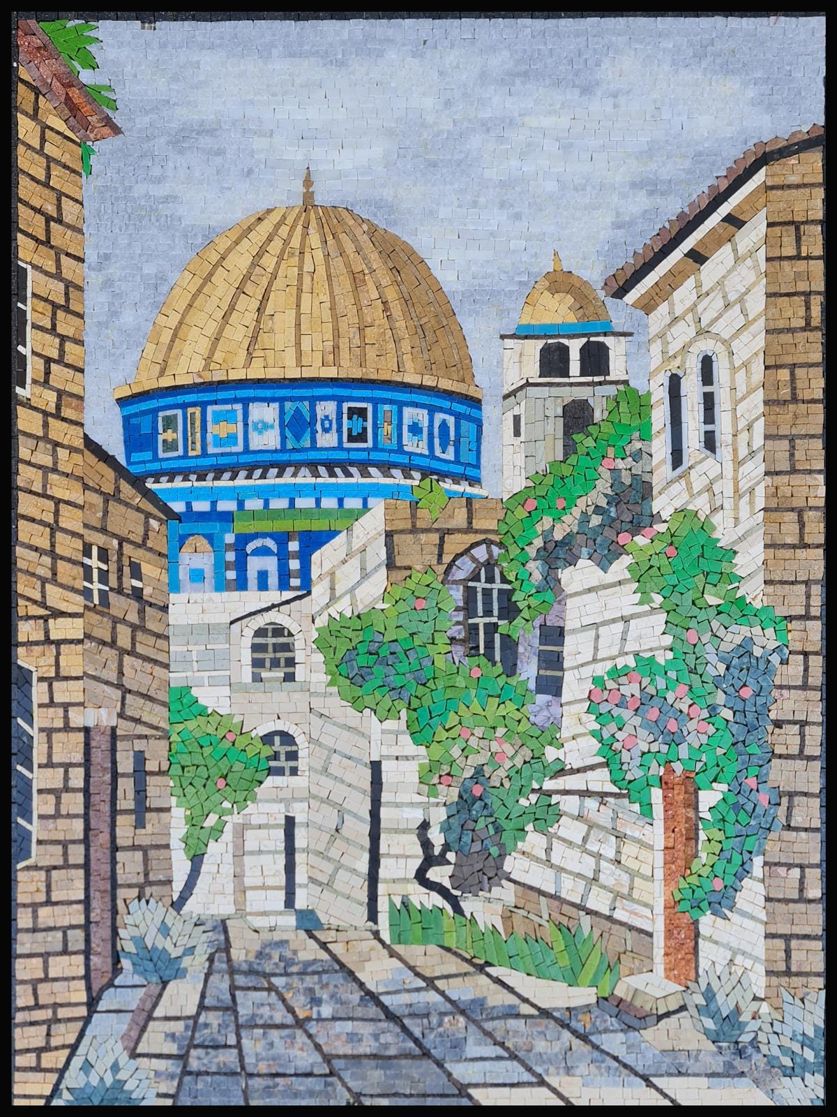 32″×24″ Ancient Mosque with buildings Mosaic – Handmade Marble Wall Art, Islamic Architecture Décor, Customization available