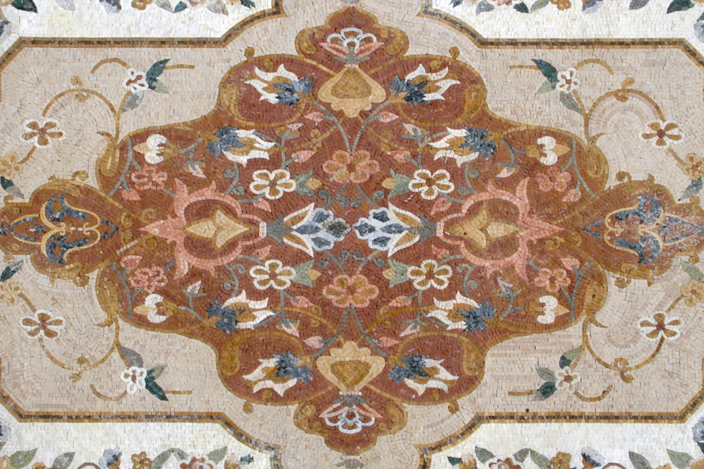 Handmade Marble Stone Mosaic Rug: Flower Design Art Tile (84” x 56")