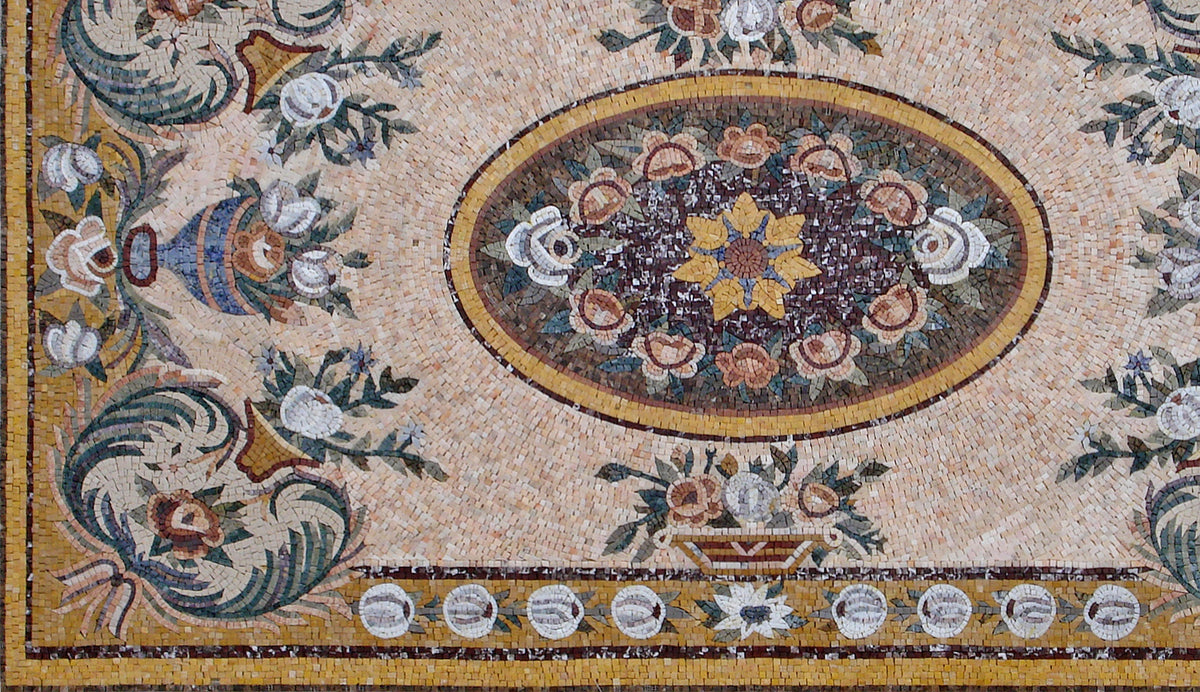 Handmade Marble Mosaic Rug: Floral Stone Medallion, Home Decor