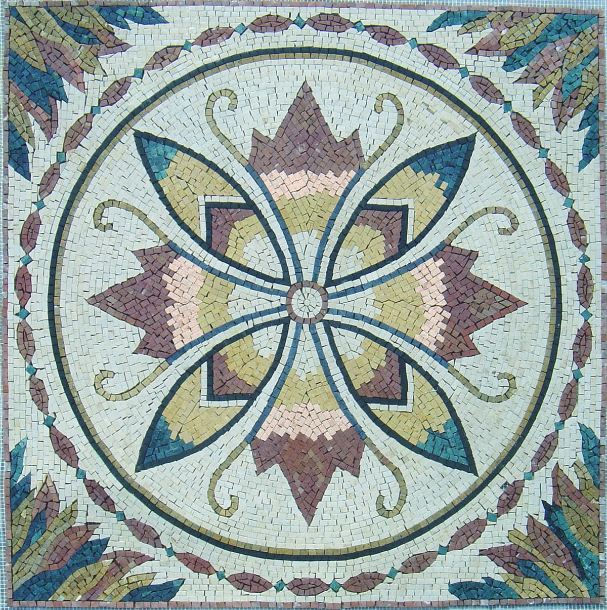 32" Medallion Mosaic Tile: Geometric Floral Marble, Indoor/Outdoor
