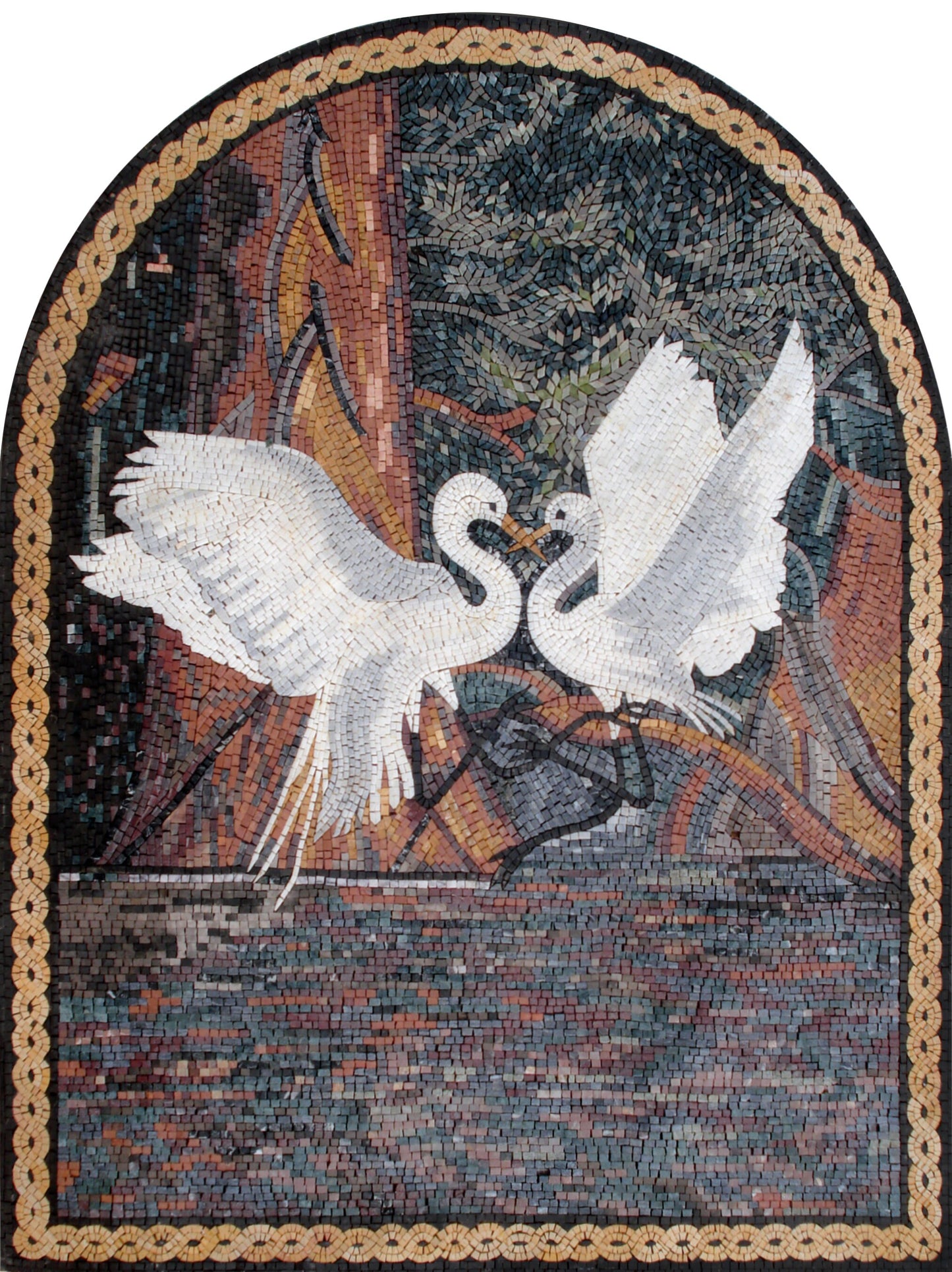 Sparring Cranes Mosaic Tile Art: Handmade Marble Wall Decor (50” x 40")